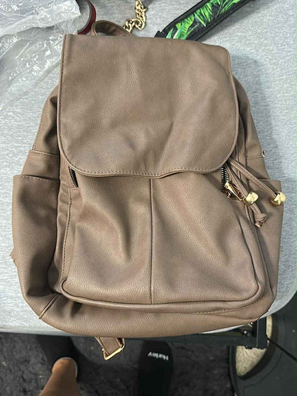 Taupe Leather Backpack with Drawstring and Flap